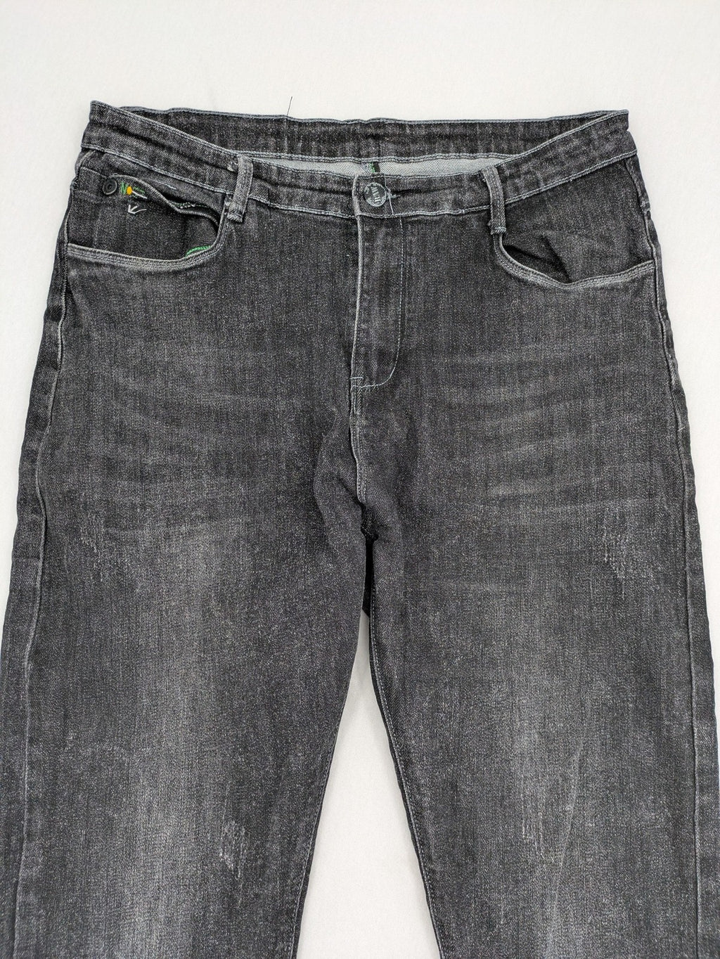 Denim straight jeans black grey washed stretch cotton 5-pocket design with logo details