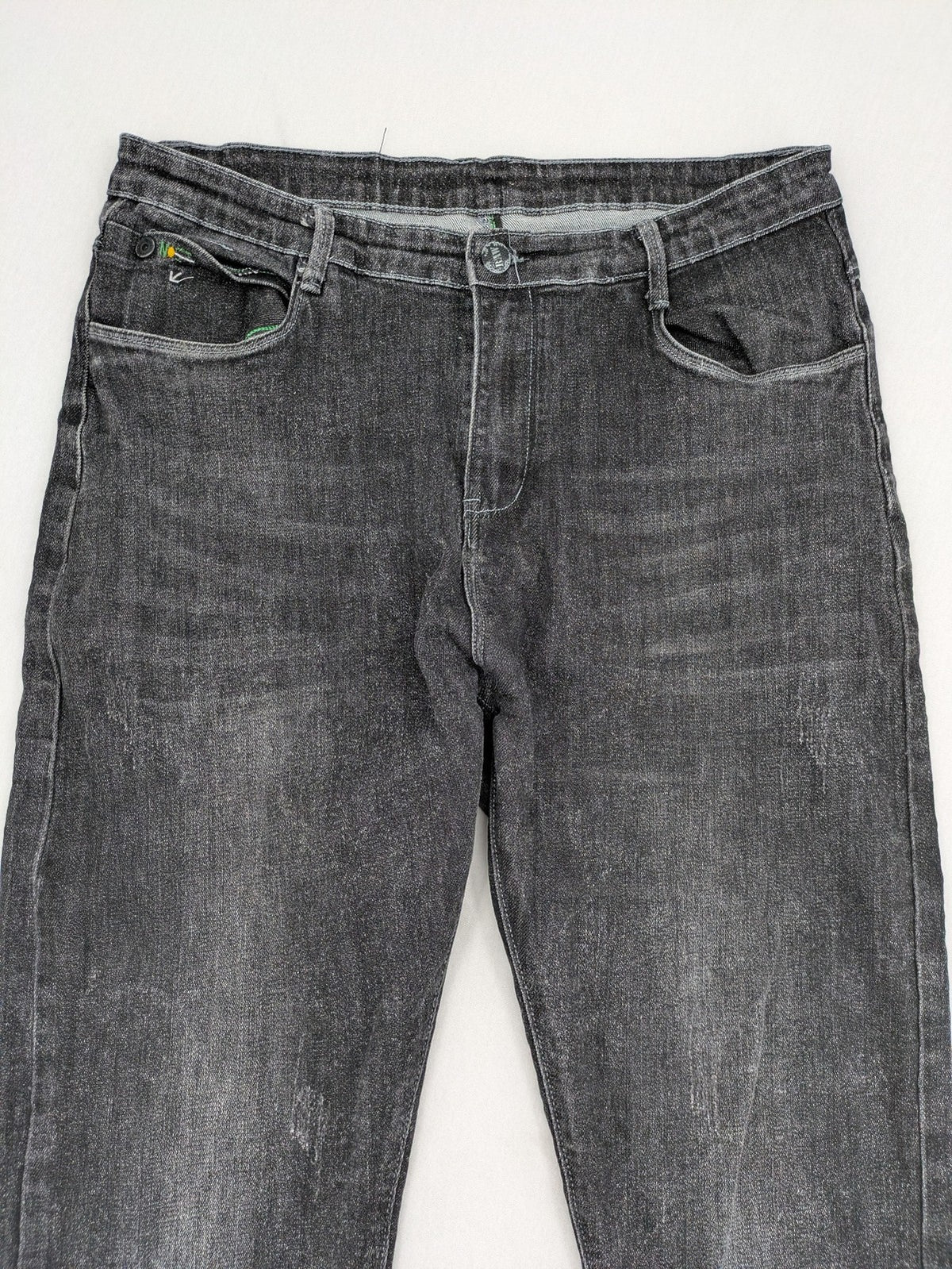 Denim straight jeans black grey washed stretch cotton 5-pocket design with logo details