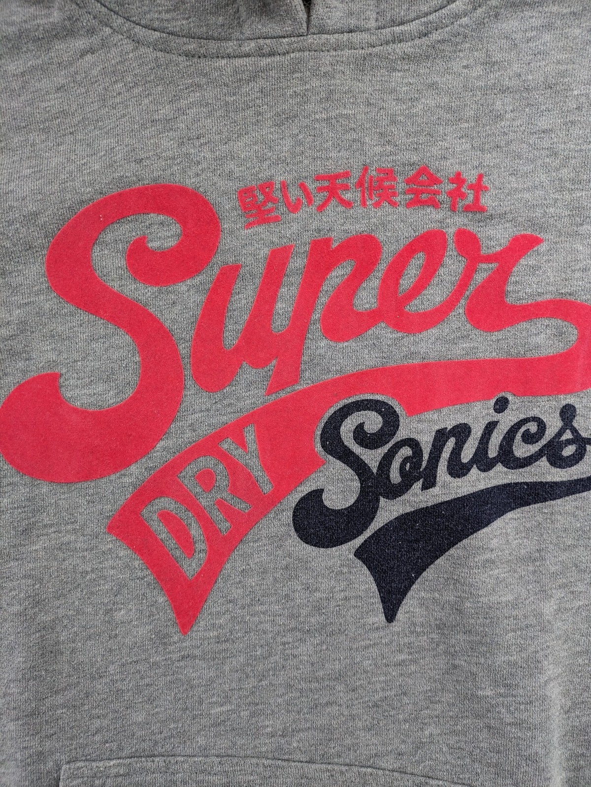 Superdry grey hoodie with Sonics logo, number 7 detail, kangaroo pocket, and drawstring hood.
