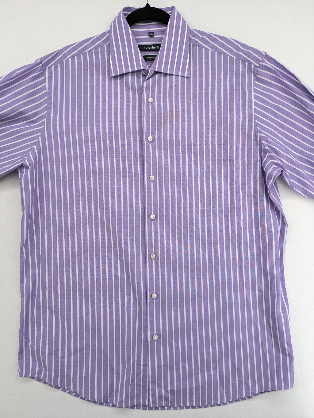 C.Comberti pink button-up shirt with vertical purple and white stripes, easy-care fabric.
