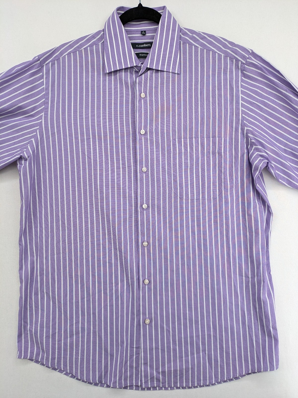 C.Comberti pink button-up shirt with vertical purple and white stripes, easy-care fabric.