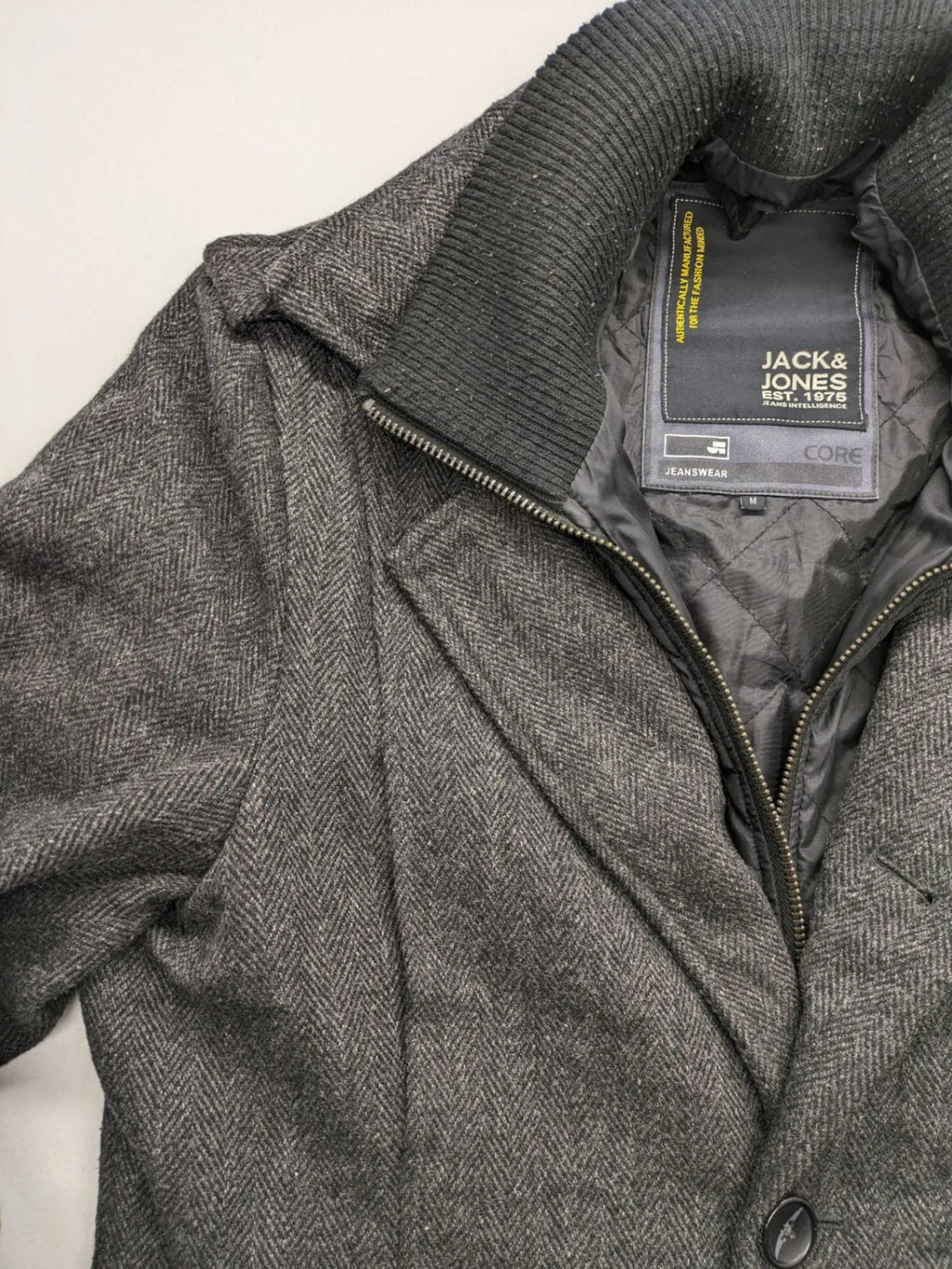 Jack & Jones grey coat herringbone pattern with two-button closure and side pockets.