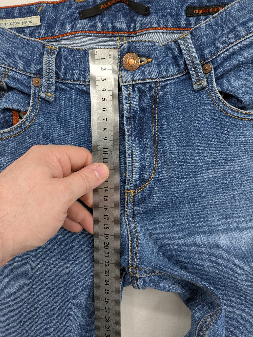 ALBERTO blue straight jeans with orange stitching, vintage denim, regular slim fit.