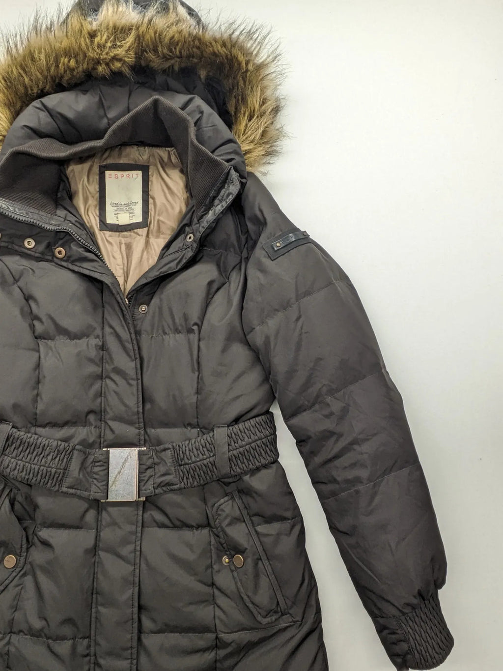 Esprit black quilted coat with removable faux fur hood and elastic waist belt.
