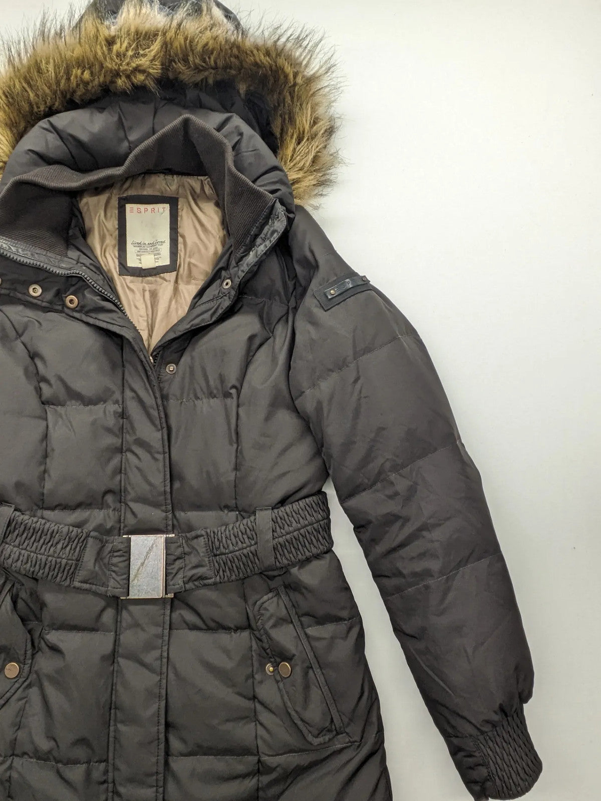 Esprit black quilted coat with removable faux fur hood and elastic waist belt.