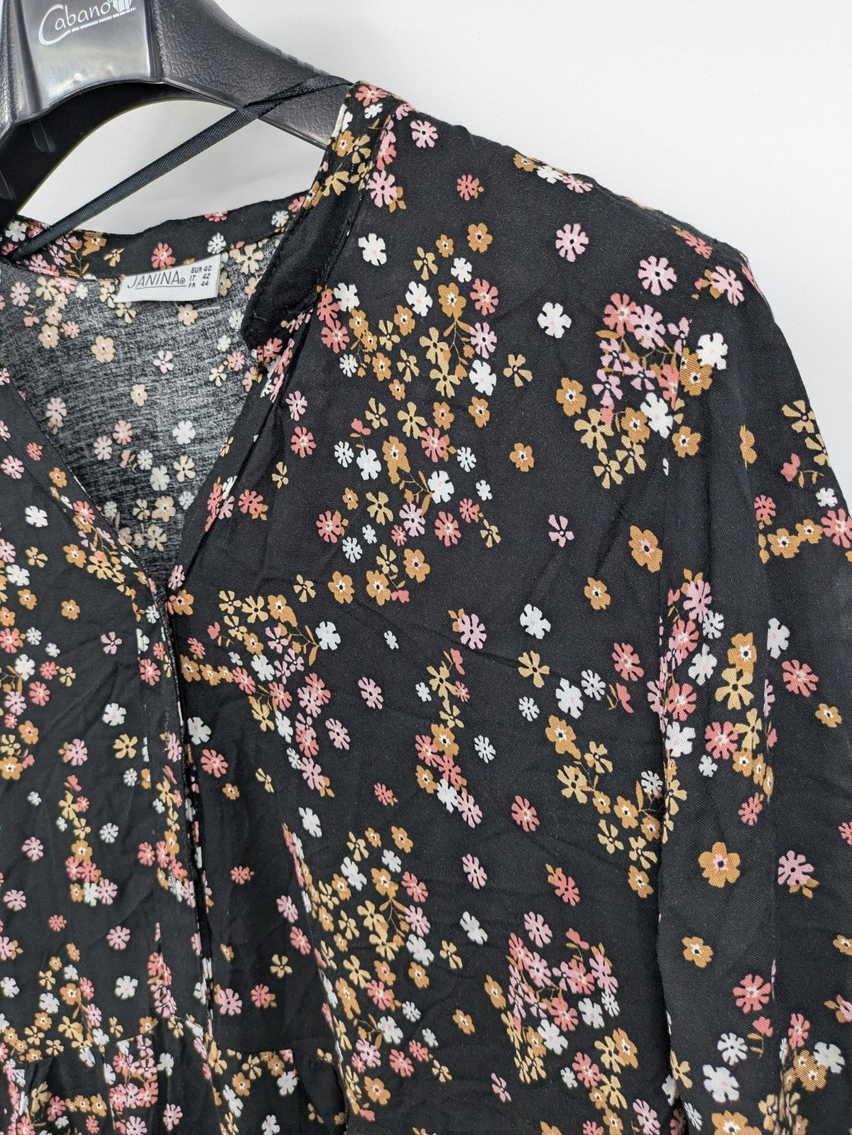 Janina women's A-line dress multi floral print on black, V-neck, 3/4 sleeves, lightweight viscose.