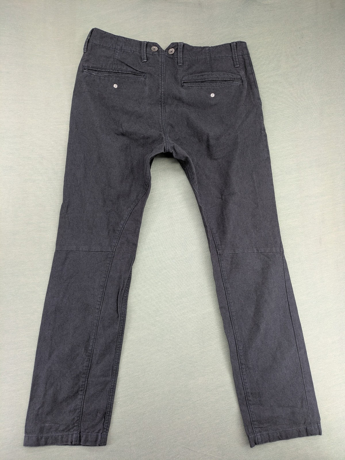 WE grey straight leg chinos 100% cotton button fly with unique brand buttons
