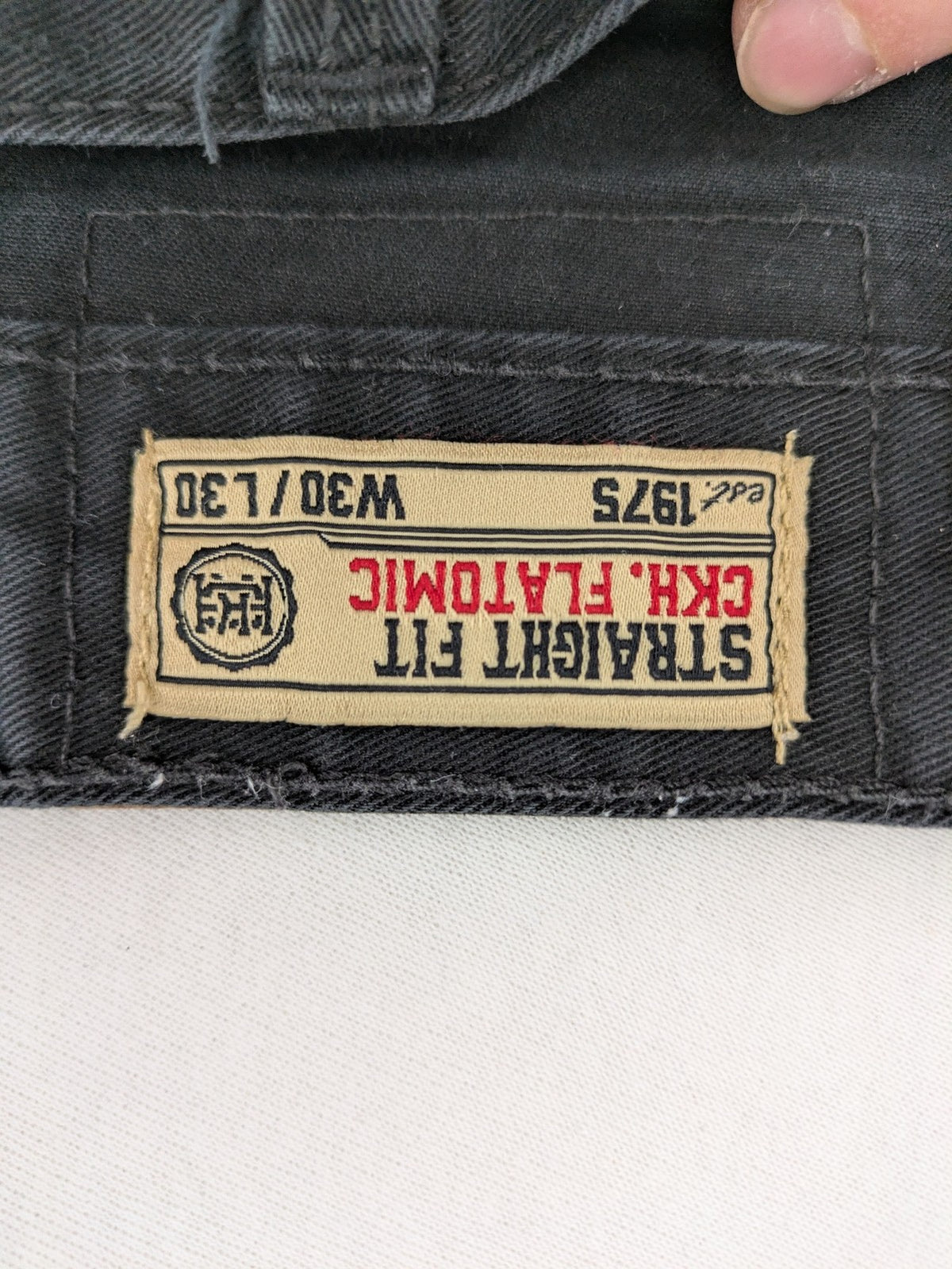 Ckh grey straight fit jeans with button fly and faded wash details.