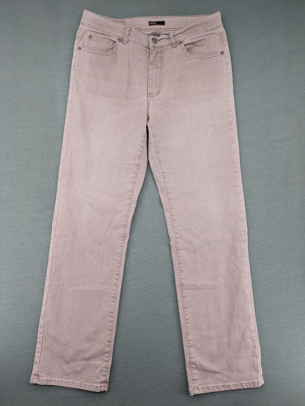 Angels beige straight leg jeans with five-pocket design and zipper button closure.