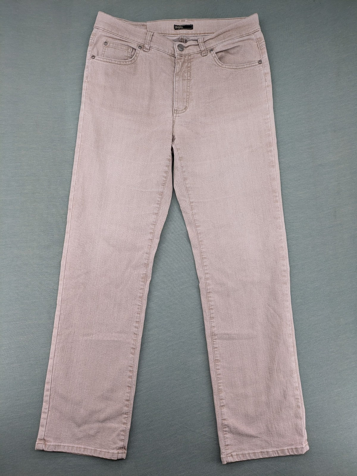 Angels beige straight leg jeans with five-pocket design and zipper button closure.