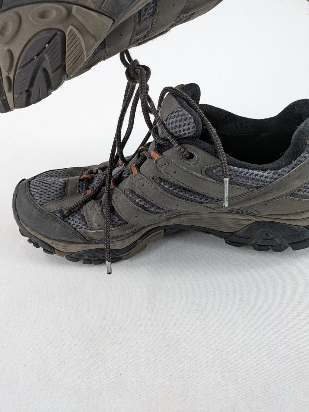 Merrell grey hiking shoes with Gore-Tex membrane and Vibram sole for traction.