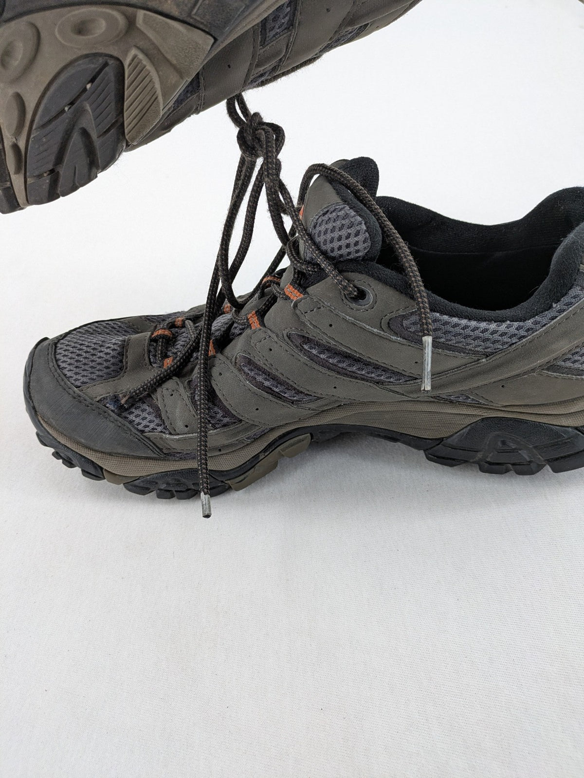 Merrell grey hiking shoes with Gore-Tex membrane and Vibram sole for traction.