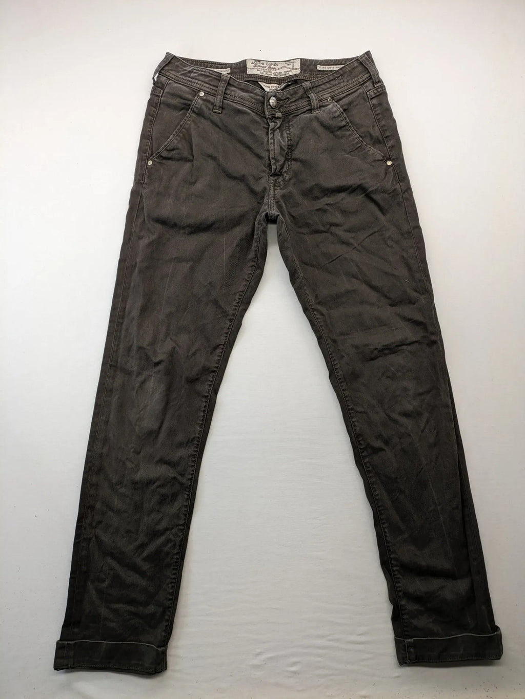 Jacob Cohen black straight jeans with leather logo patch and zip fly, size 32.