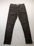Jacob Cohen black straight jeans with leather logo patch and zip fly, size 32.