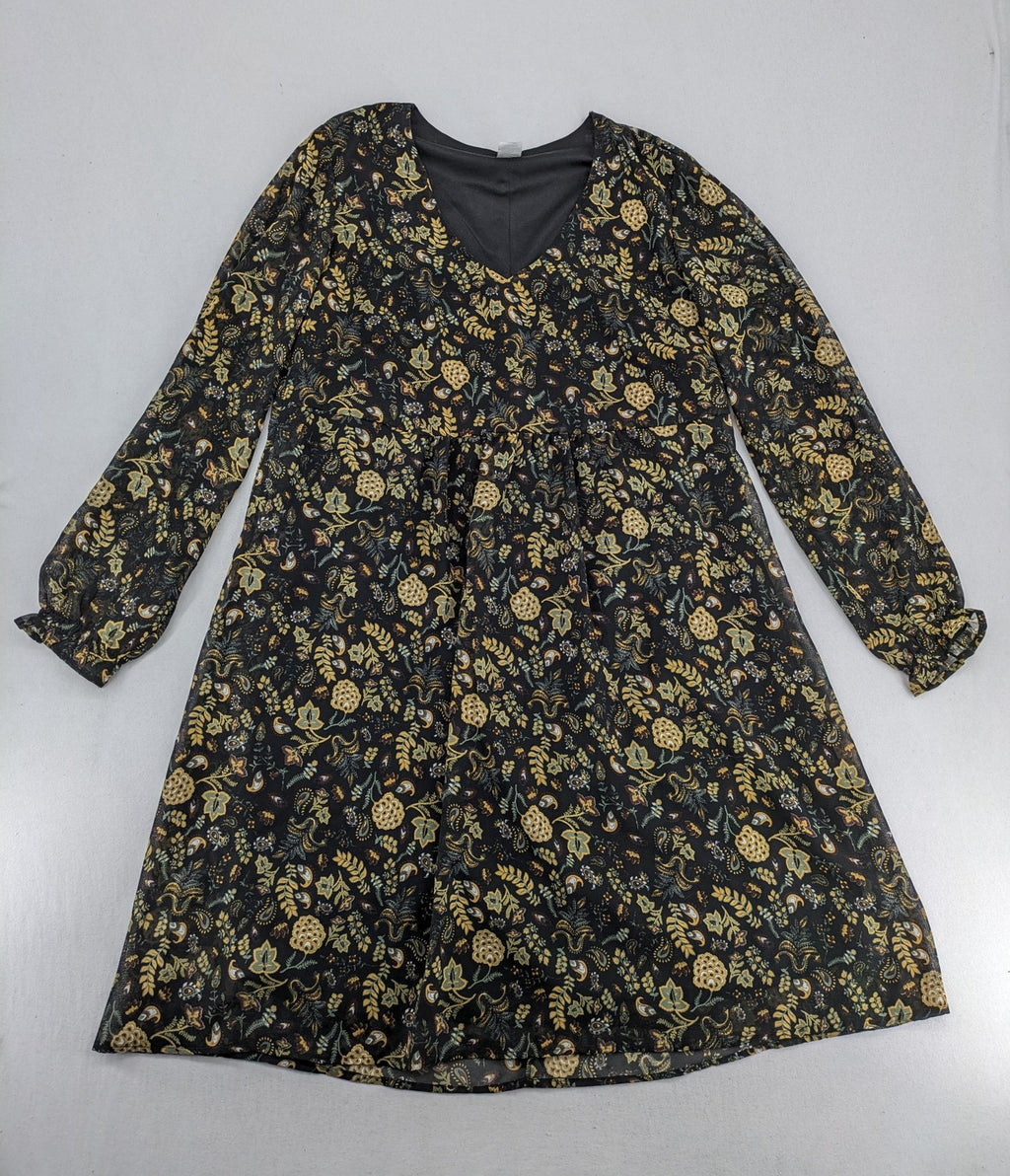 AproductZ cream bridal party dress with floral pattern, long transparent sleeves, V-neck.
