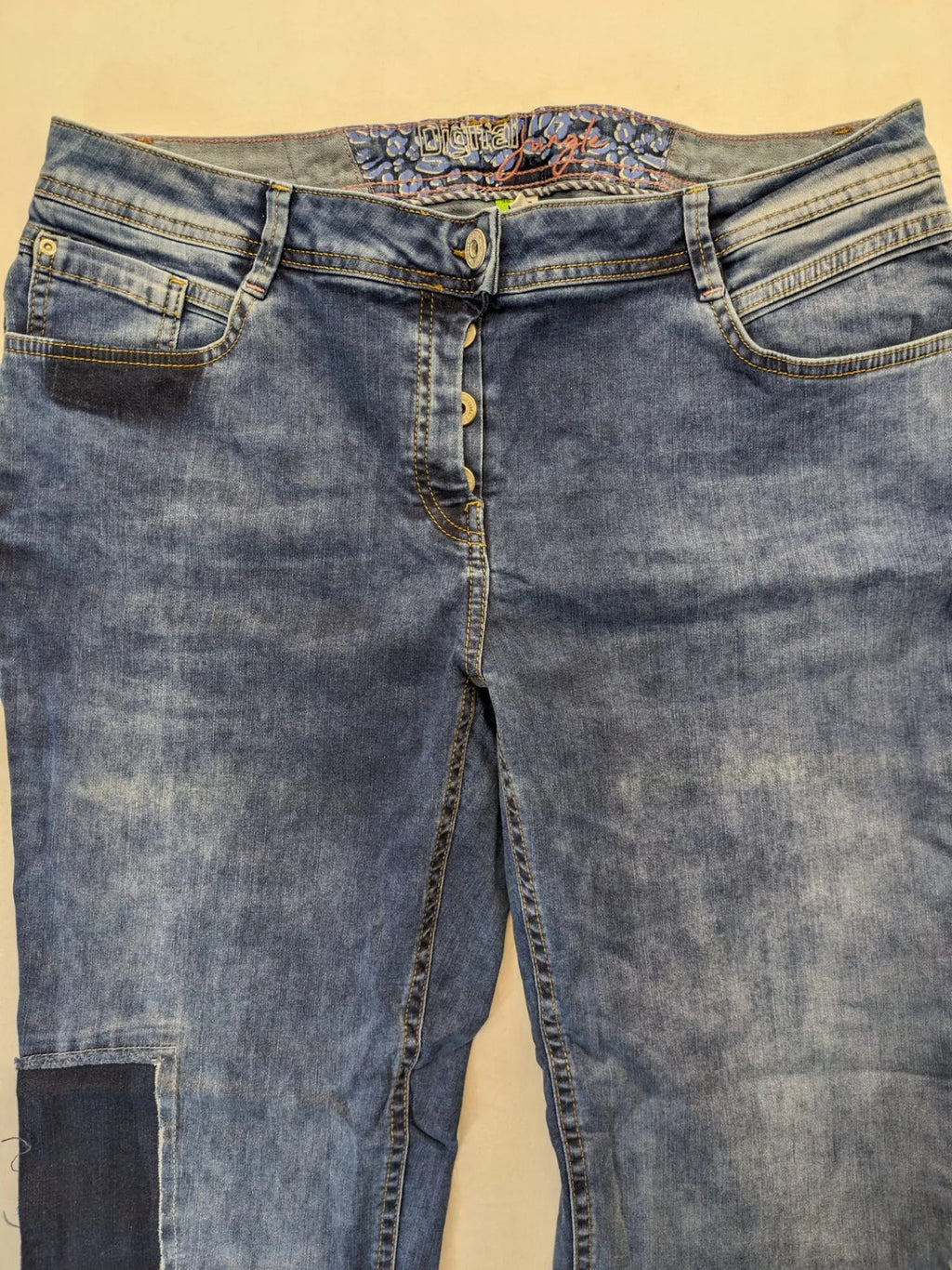 Cecil straight jeans blue patchwork design with classic button fly and stretch denim.