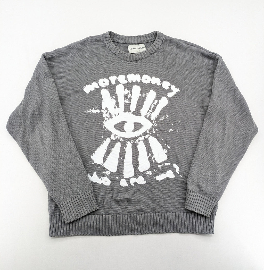 MOREMONEY grey turtle neck jumper with white abstract graphic print and relaxed fit.