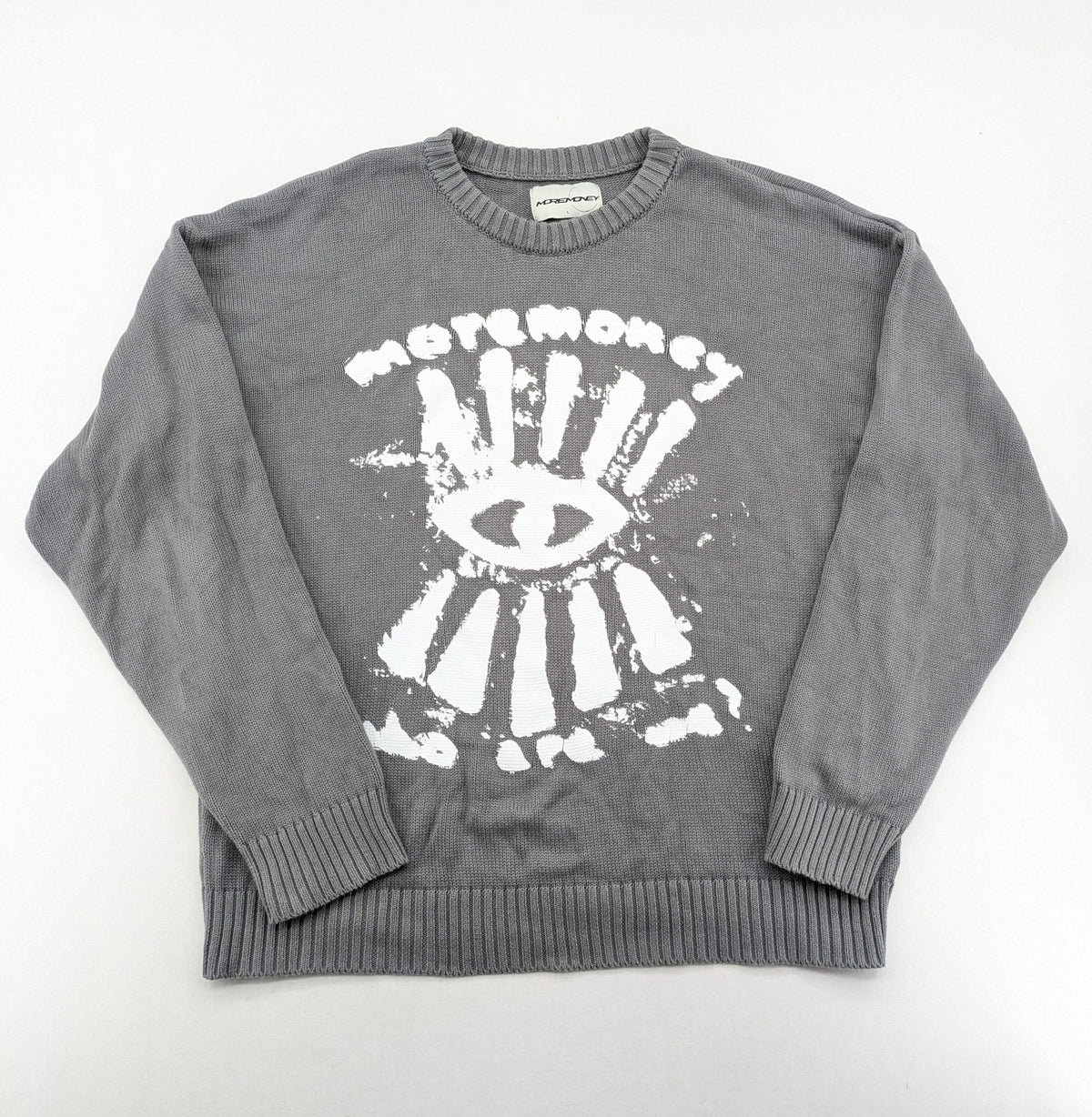 MOREMONEY grey turtle neck jumper with white abstract graphic print and relaxed fit.