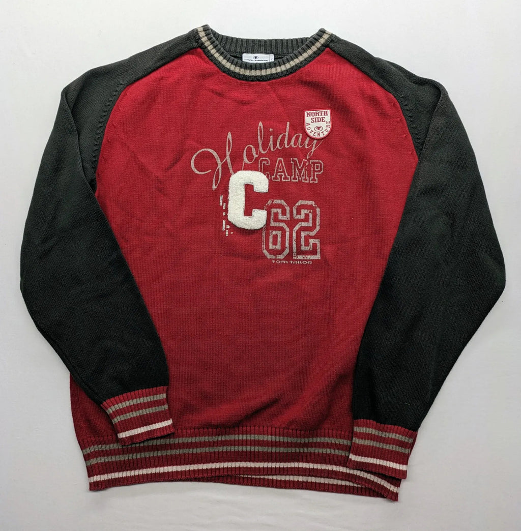 Tom Tailor black and red turtle neck jumper with "Holiday Camp" chenille patch and striped cuffs.