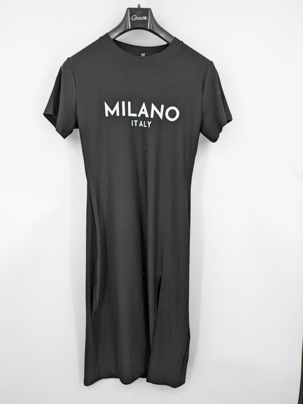 Milano black bodycon T-shirt dress with stylish print and side slit detail.