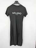 Milano black bodycon T-shirt dress with stylish print and side slit detail.