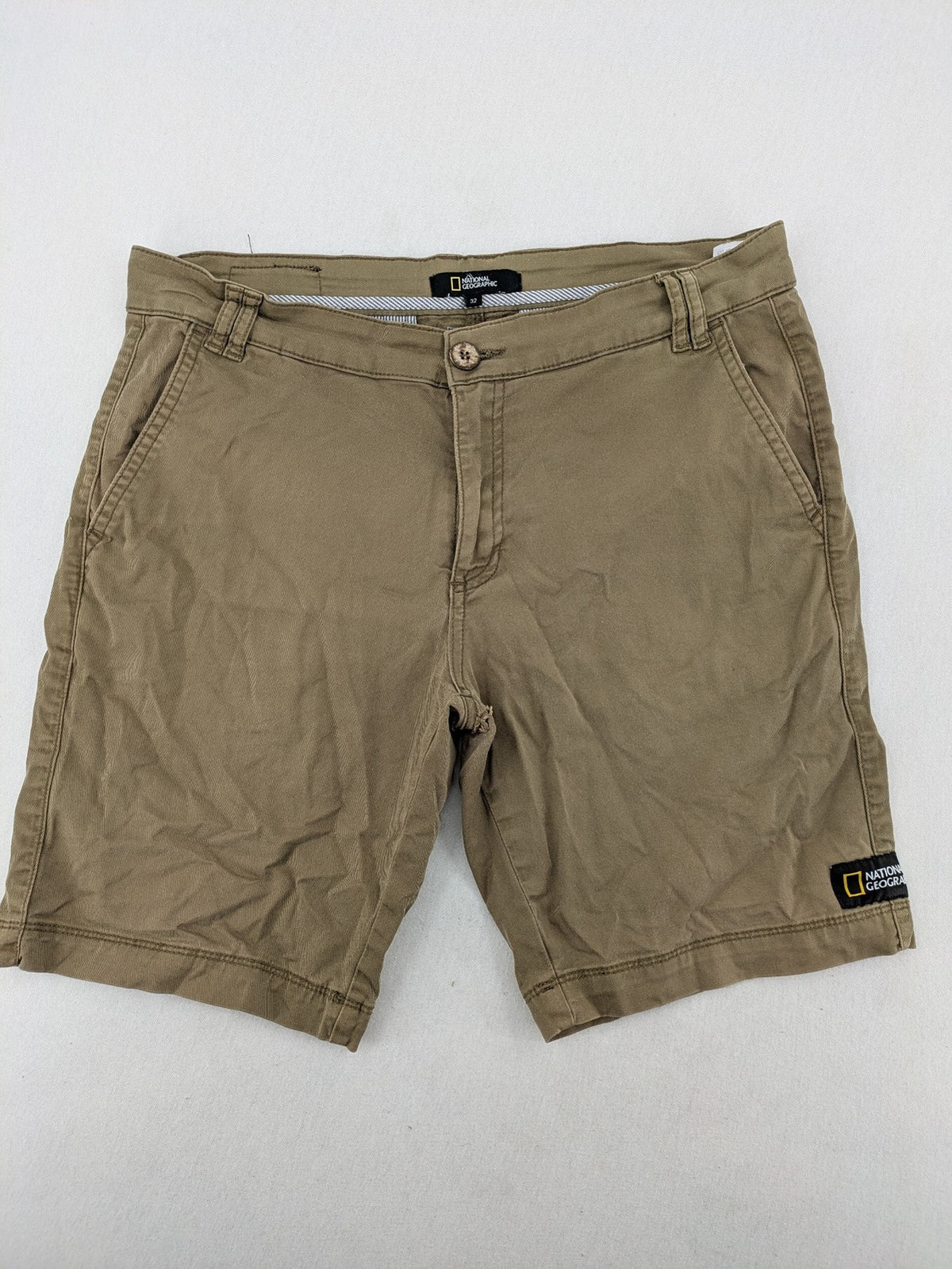National Geographic khaki shorts flat front design with subtle logo patch