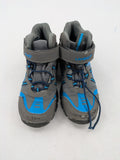 Outdoor grey and blue winter boots with high shaft, Velcro closure, and textured sole.