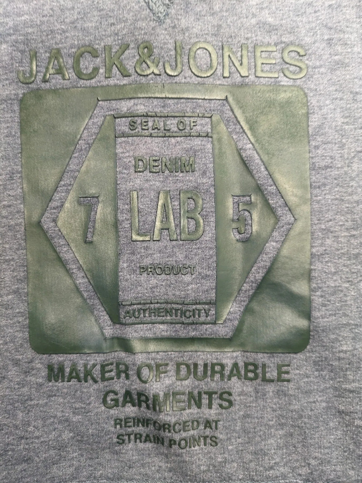 Jack & Jones green-grey hoodie with "Denim Lab" graphic, drawstring hood, kangaroo pocket.