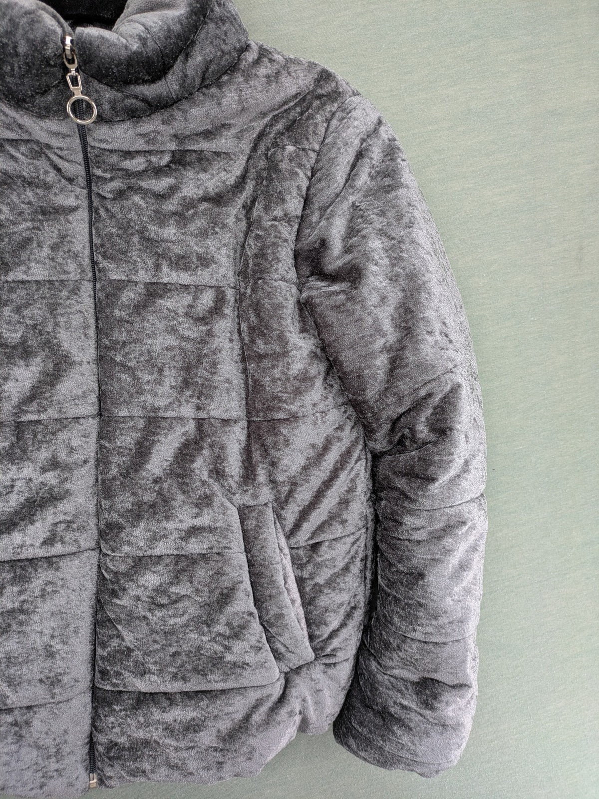 Periot grey puffer jacket with high collar and O-ring zipper detail in velvet texture.