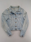 H&M denim jacket light blue classic trucker style with button placket and chest pockets.
