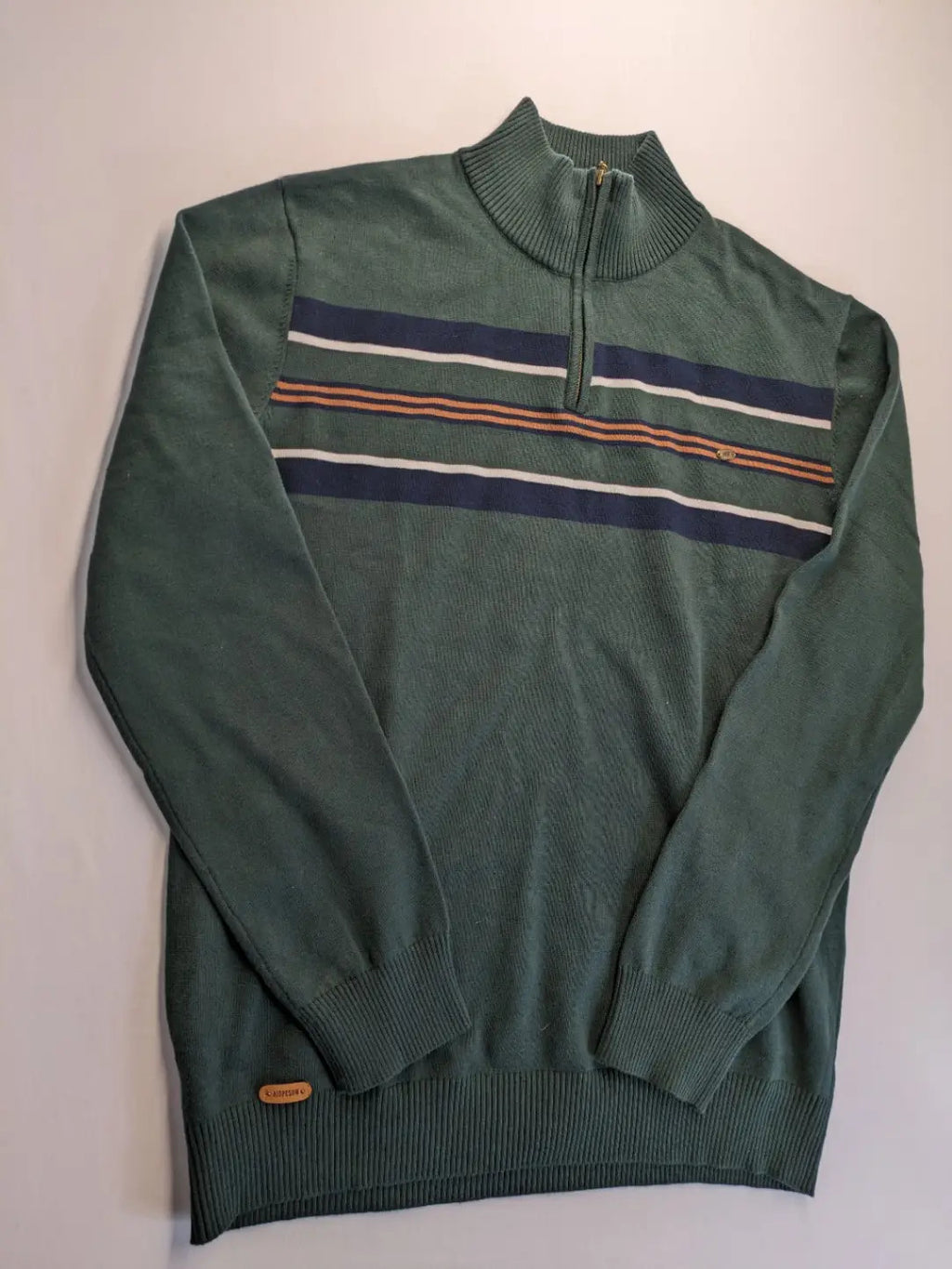 Aiopeson orange turtle neck jumper with striped pattern in navy and white, cotton blend.