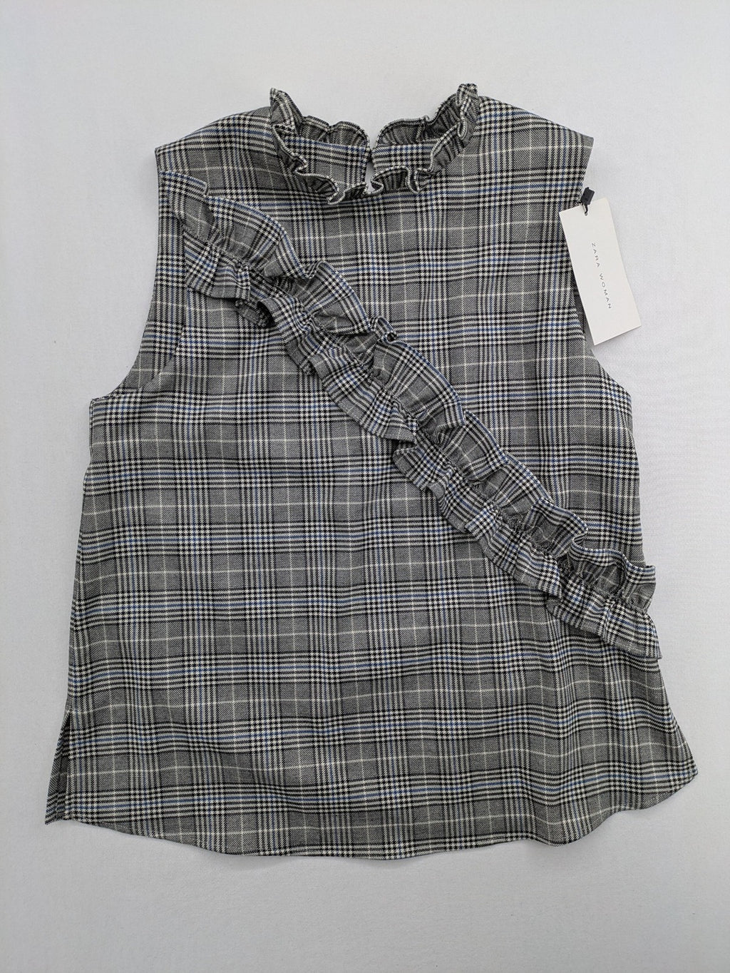 Zara ruffled sleeveless blouse grey check pattern high ruffle collar with blue, black, white accents