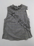 Zara ruffled sleeveless blouse grey check pattern high ruffle collar with blue, black, white accents