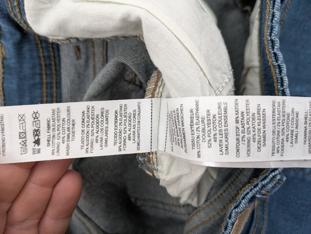 Denim & Co. blue straight fit jeans, classic 5-pocket design, button fly, cotton blend.