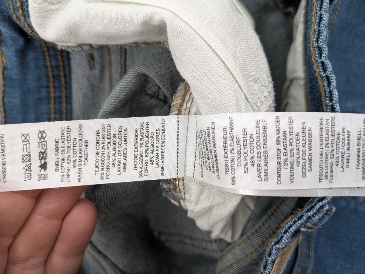 Denim & Co. blue straight fit jeans, classic 5-pocket design, button fly, cotton blend.