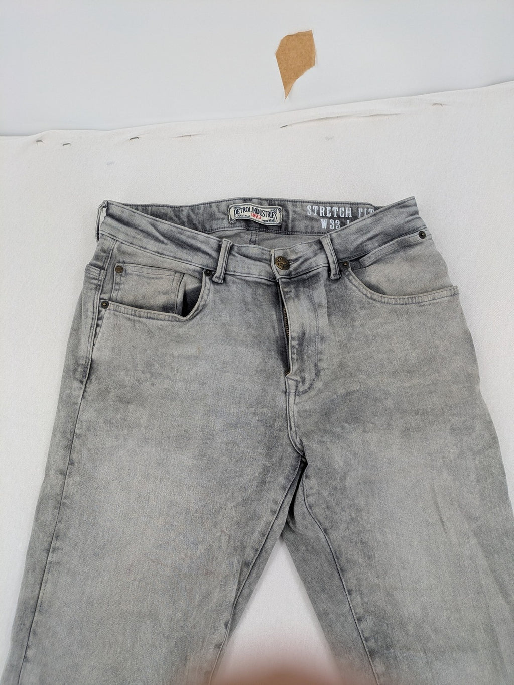 Petrol Industries grey straight jeans washed denim 5-pocket design leather logo patch