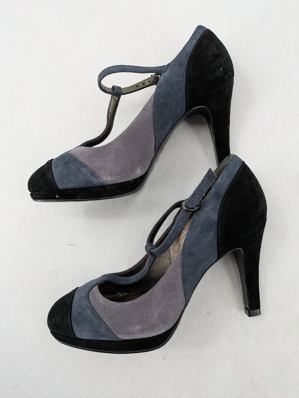 Boden multi high heels suede colorblock design with T-strap and ankle buckle.