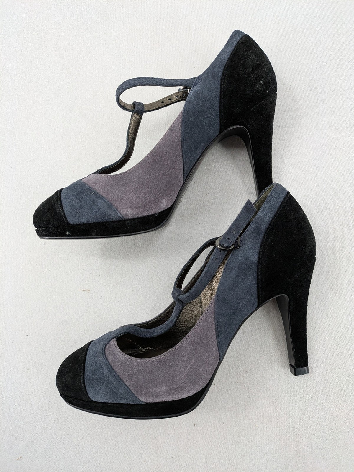 Boden multi high heels suede colorblock design with T-strap and ankle buckle.