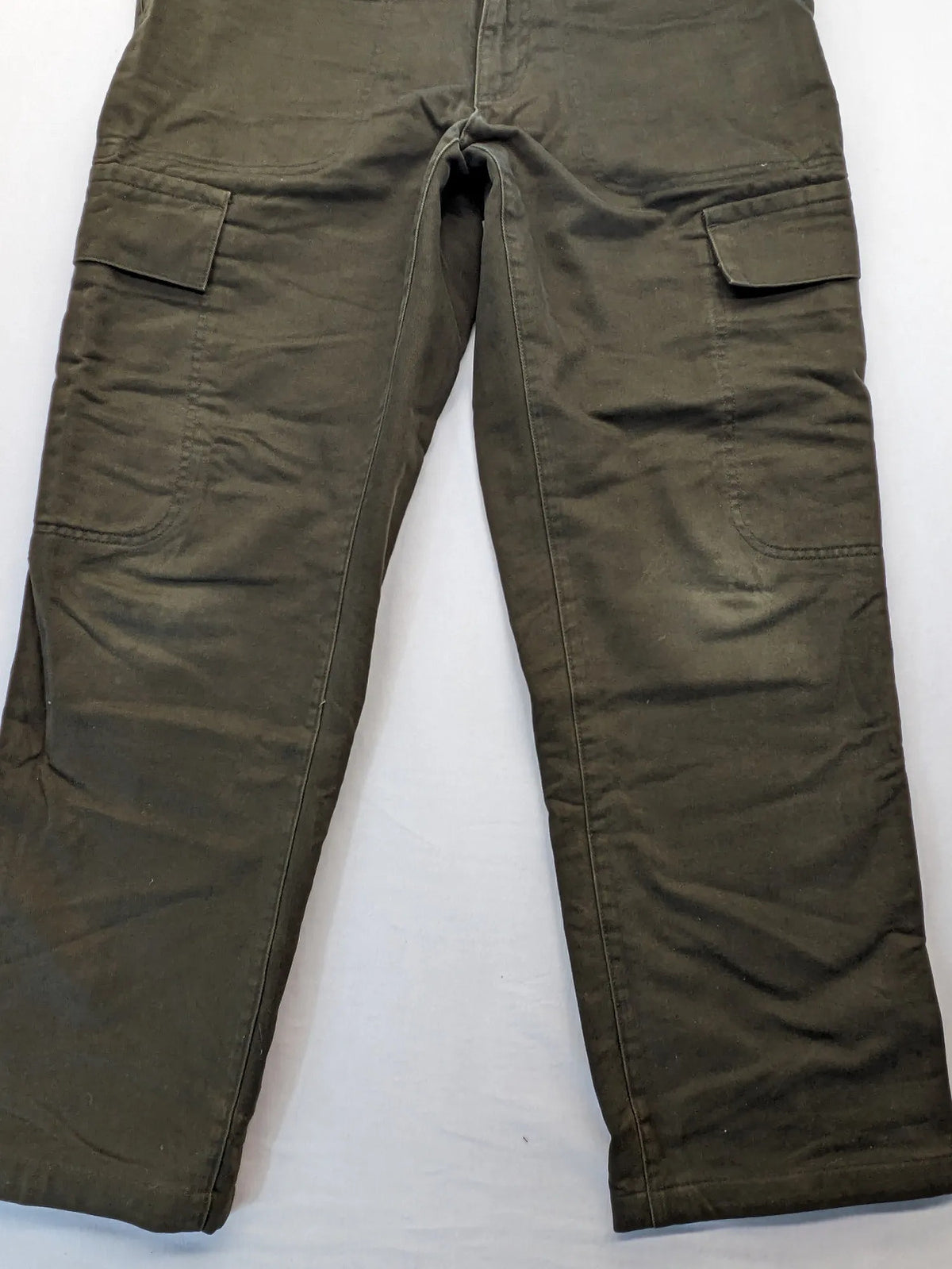 Lands' End green cargo pants with plaid flannel lining and traditional fit design.