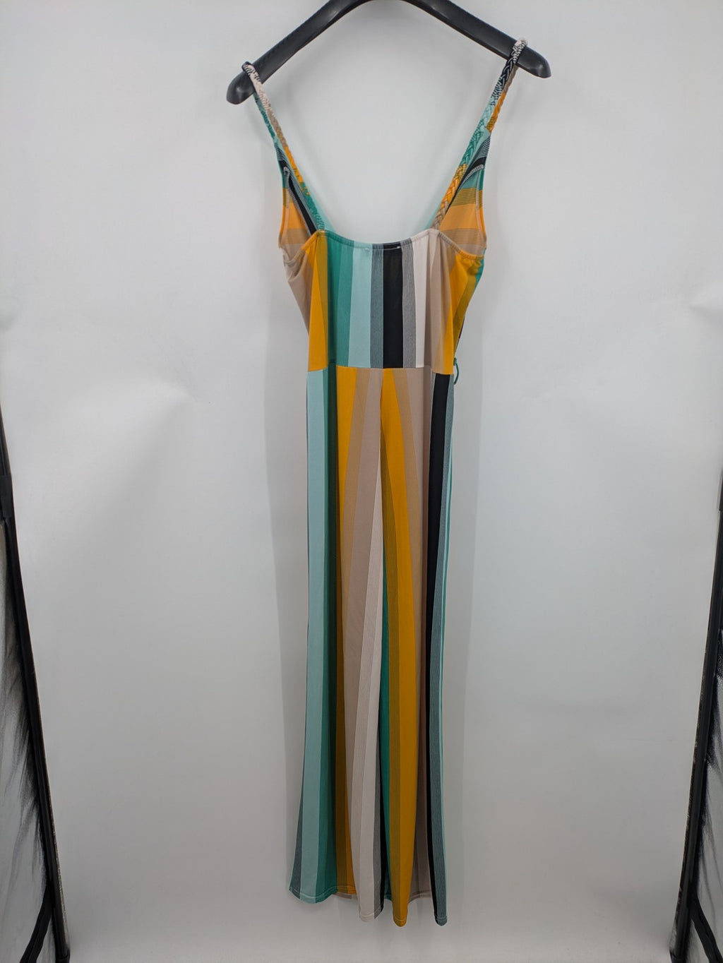 FAS beige and cream striped jumpsuit with deep V-neck and braided spaghetti straps.