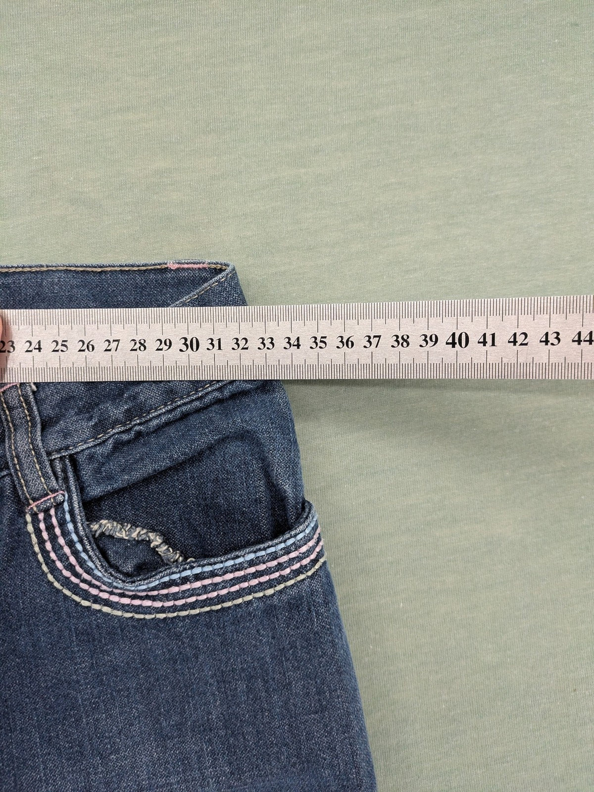Straight Leg blue pants 100% cotton with decorative stitching and classic 5-pocket style.