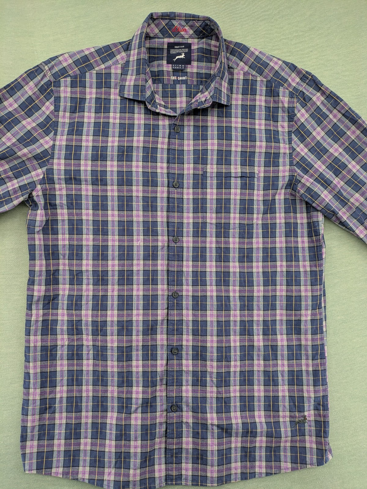 s.Oliver green long-sleeve shirt checked pattern with logo embroidery and chest pocket