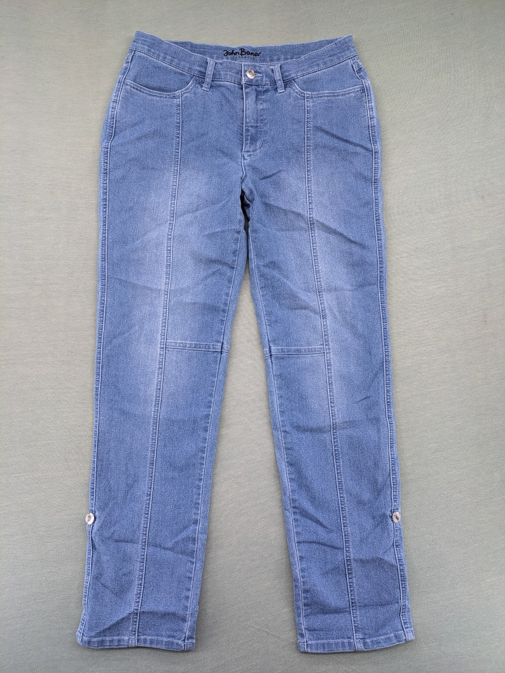john baner blue straight jeans with decorative seams and button accents, stretch cotton blend