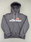 Ellesse grey hoodie with large logo, kangaroo pocket, and drawstring hood.