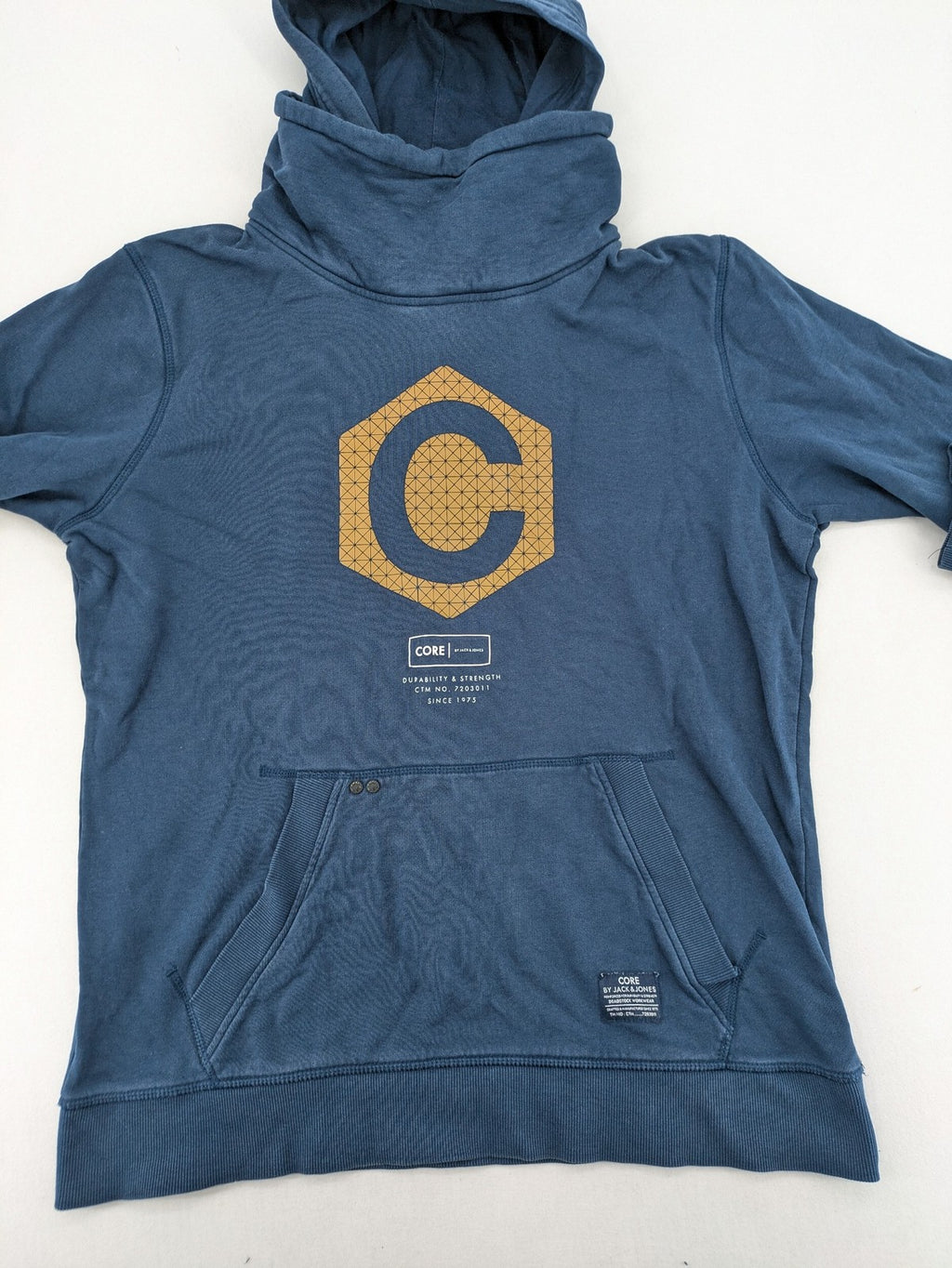 Jack & Jones Core blue hoodie with large gold "C" graphic and high collar.