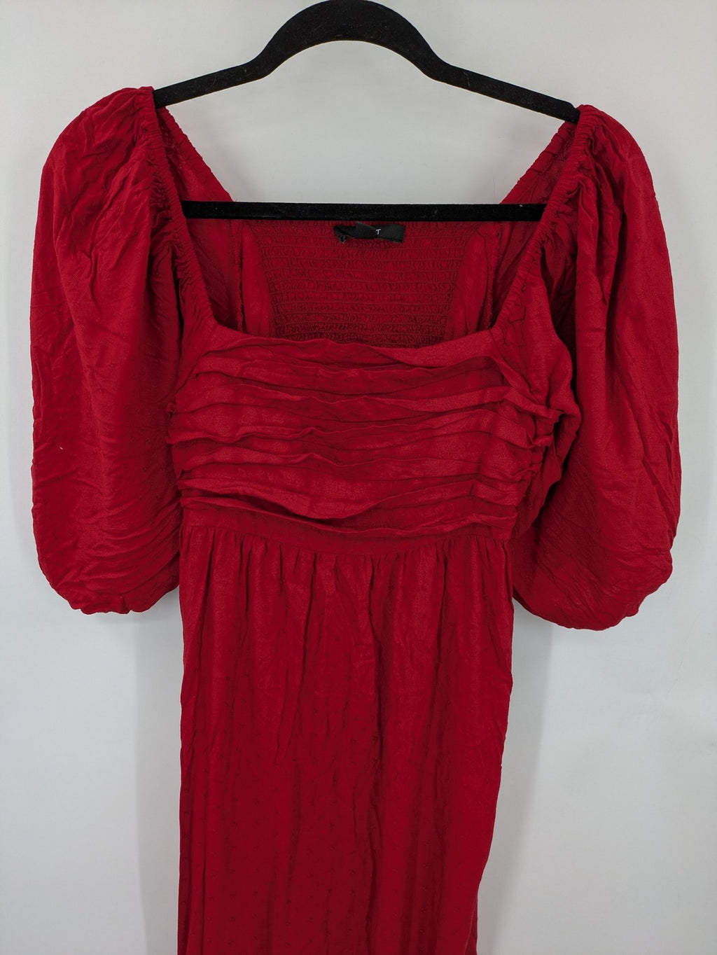 NEXT red midi dress with puff sleeves, smocked bodice, and stylish back cut-out.