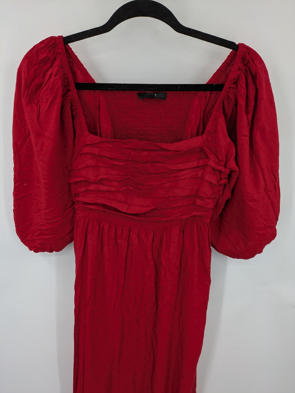 NEXT red midi dress with puff sleeves, smocked bodice, and stylish back cut-out.