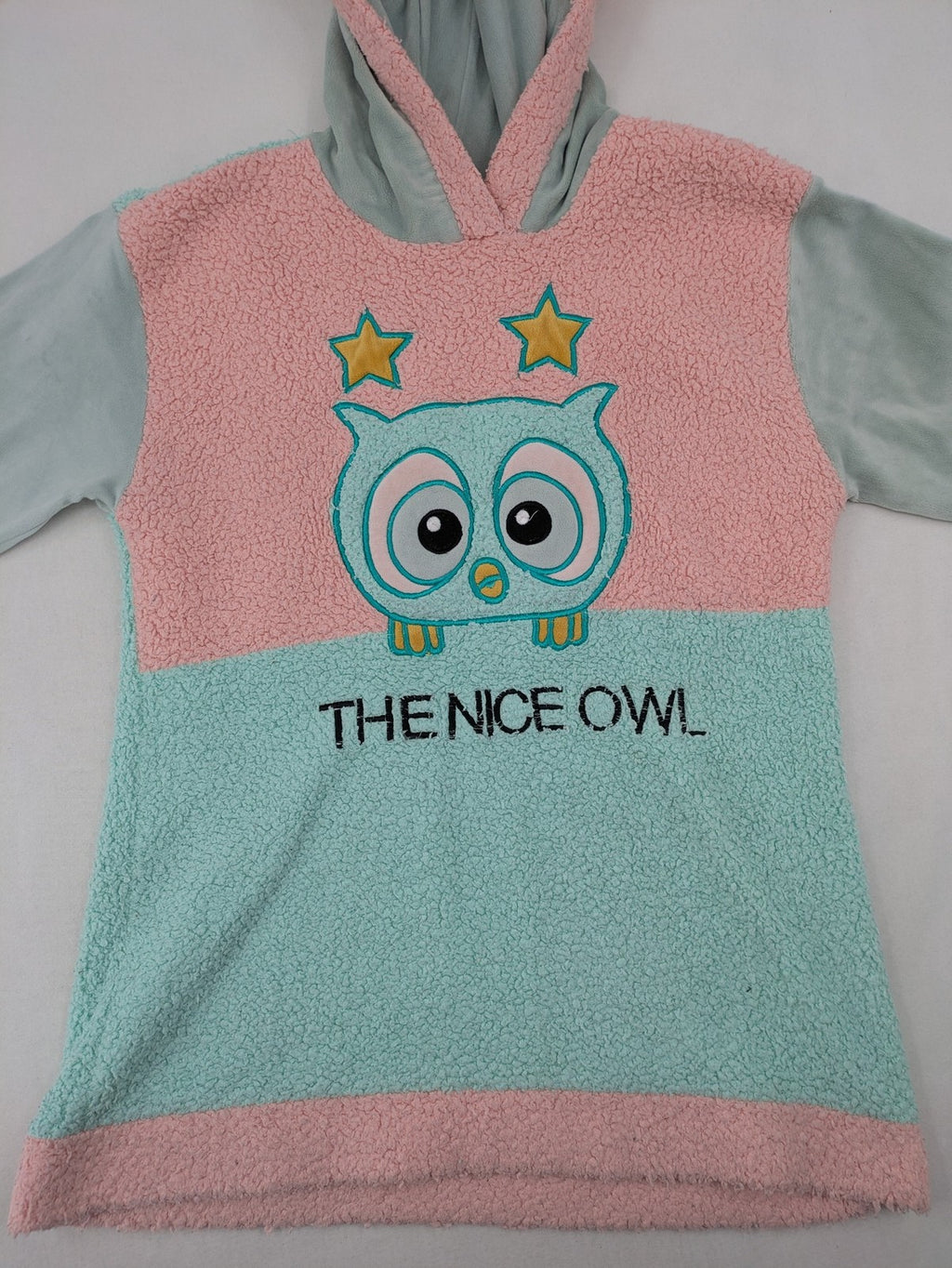 Damen turtle neck jumper blue and green, cute embroidered owl design, soft teddy fleece material.
