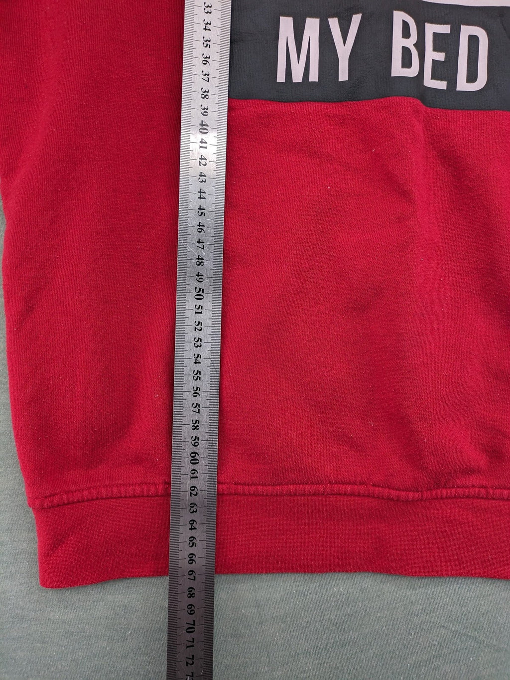 FSBN red turtle neck jumper with "Straight Outta My Bed" graphic print and slim fit.