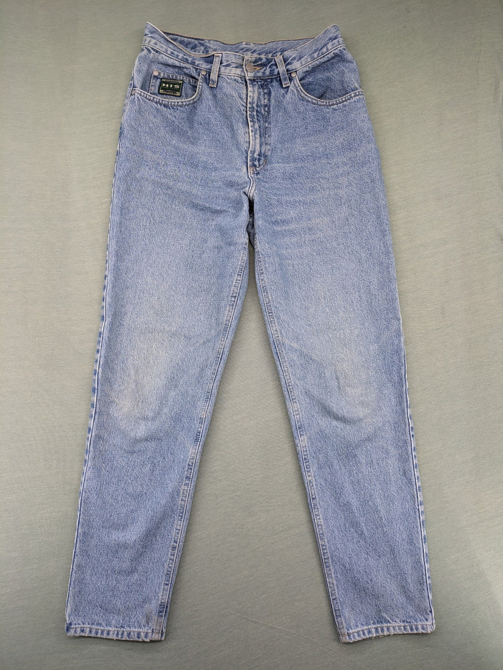 H.I.S blue mom jeans high waist vintage denim with classic 90s wash and straight cut.